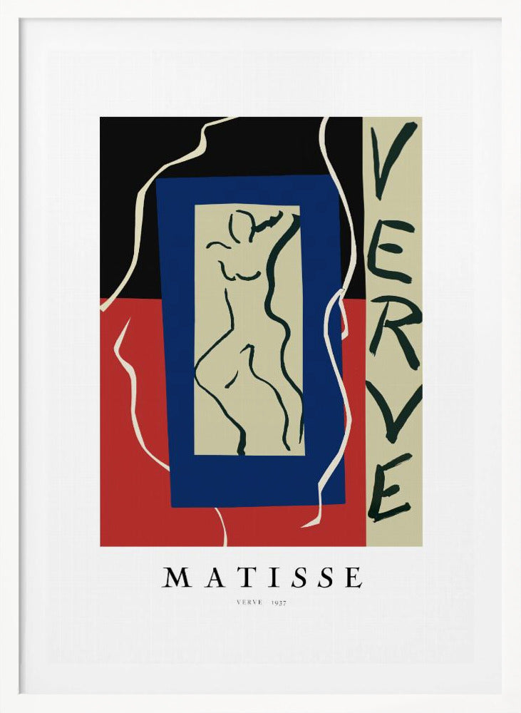 A framed art print of Henri Matisse's 'Verve' from 1937. The abstract composition features bold color blocks of black, red, and blue. In the center is a line drawing of a dancing figure, and the word 'VERVE' is written vertically on the right side. Poster