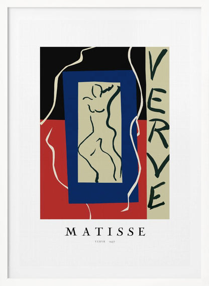 A framed art print of Henri Matisse's 'Verve' from 1937. The abstract composition features bold color blocks of black, red, and blue. In the center is a line drawing of a dancing figure, and the word 'VERVE' is written vertically on the right side. Poster