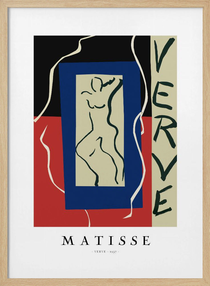 A framed art print of Henri Matisse's 'Verve' from 1937. The abstract composition features bold color blocks of black, red, and blue. In the center is a line drawing of a dancing figure, and the word 'VERVE' is written vertically on the right side. Poster