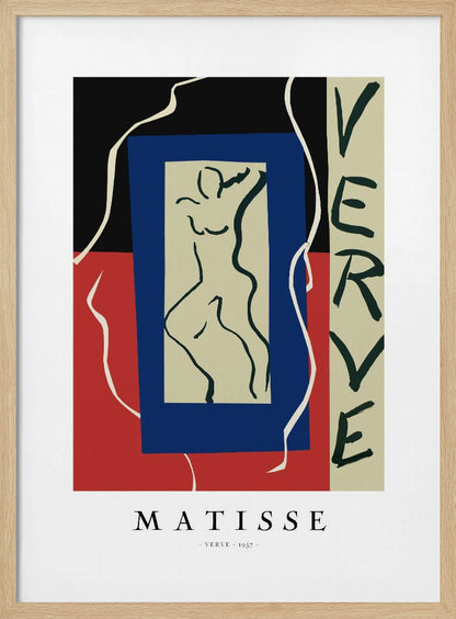 A framed art print of Henri Matisse's 'Verve' from 1937. The abstract composition features bold color blocks of black, red, and blue. In the center is a line drawing of a dancing figure, and the word 'VERVE' is written vertically on the right side. Poster