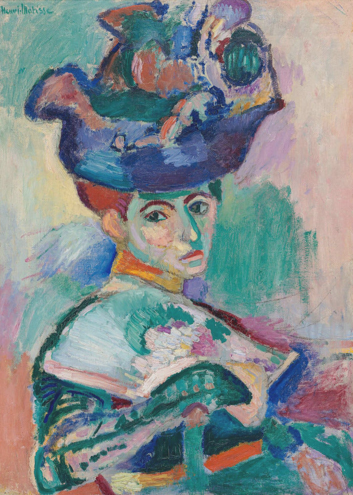 A vibrant Fauvist portrait painting by Henri Matisse of a woman with red hair wearing an elaborate, colorful blue, purple, and green hat. The painting features bold, expressive brushstrokes and non-naturalistic colors, with a background of green, pink, and yellow hues. Wall Art