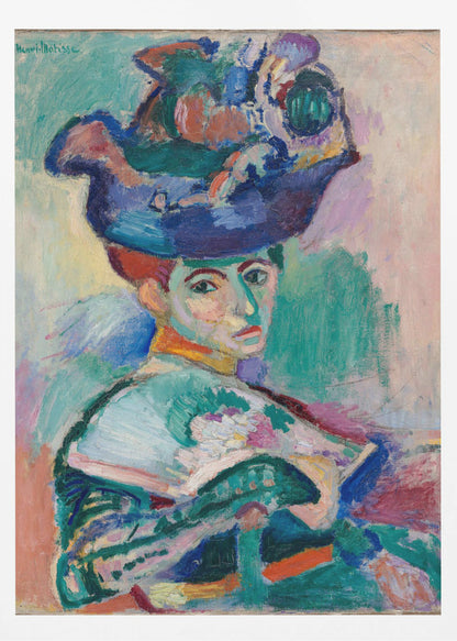A vibrant Fauvist portrait painting by Henri Matisse of a woman with red hair wearing an elaborate, colorful blue, purple, and green hat. The painting features bold, expressive brushstrokes and non-naturalistic colors, with a background of green, pink, and yellow hues. Wall Art