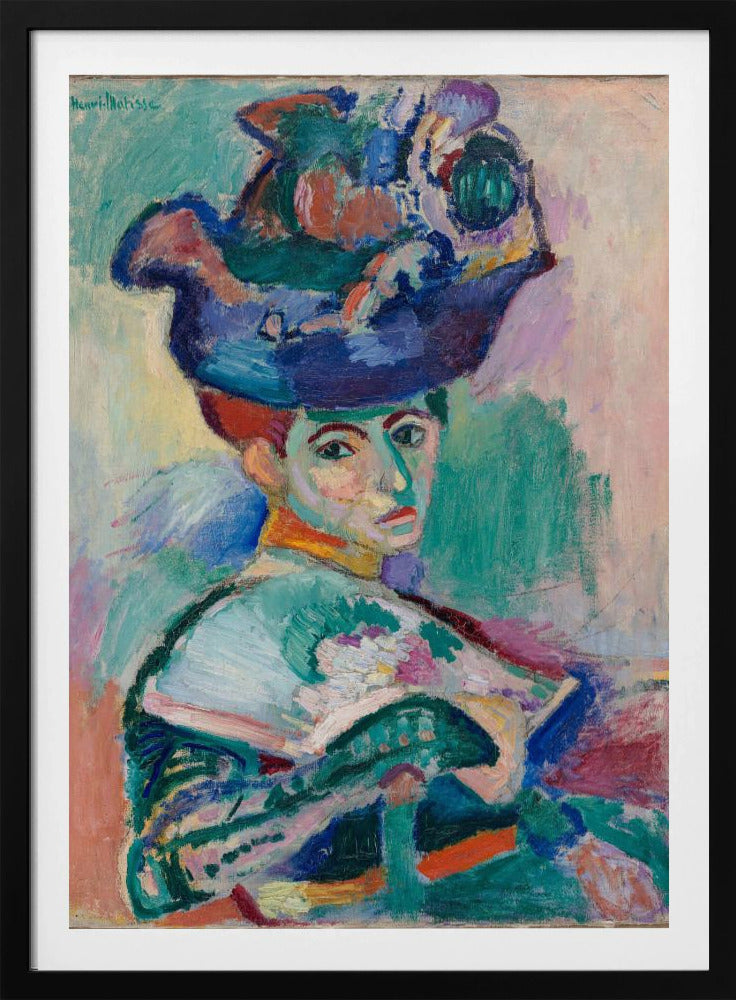 A vibrant Fauvist portrait painting by Henri Matisse of a woman with red hair wearing an elaborate, colorful blue, purple, and green hat. The painting features bold, expressive brushstrokes and non-naturalistic colors, with a background of green, pink, and yellow hues. Wall Art