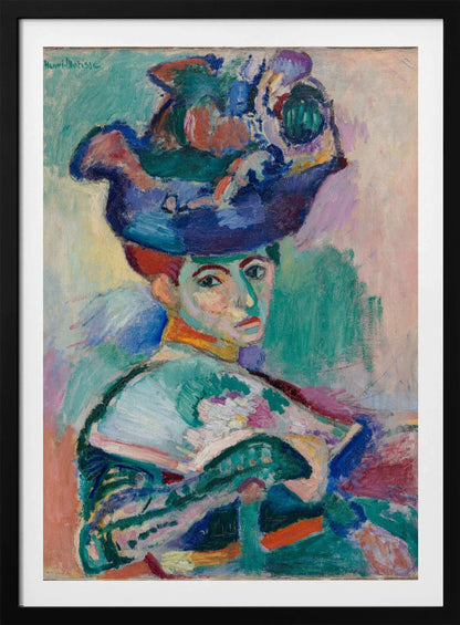 A vibrant Fauvist portrait painting by Henri Matisse of a woman with red hair wearing an elaborate, colorful blue, purple, and green hat. The painting features bold, expressive brushstrokes and non-naturalistic colors, with a background of green, pink, and yellow hues. Wall Art