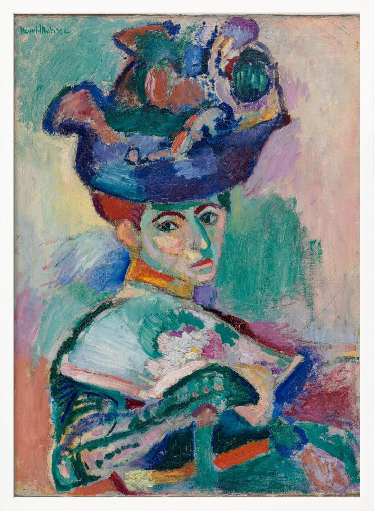 A vibrant Fauvist portrait painting by Henri Matisse of a woman with red hair wearing an elaborate, colorful blue, purple, and green hat. The painting features bold, expressive brushstrokes and non-naturalistic colors, with a background of green, pink, and yellow hues. Wall Art