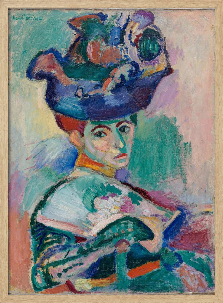 A vibrant Fauvist portrait painting by Henri Matisse of a woman with red hair wearing an elaborate, colorful blue, purple, and green hat. The painting features bold, expressive brushstrokes and non-naturalistic colors, with a background of green, pink, and yellow hues. Wall Art