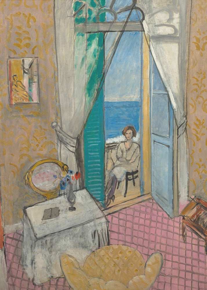 A vibrant Fauvist painting by Henri Matisse, 'Interior at Nice', depicting a room with pink tiled floors and yellow patterned wallpaper. An open french door reveals a woman sitting on a balcony overlooking a bright blue sea. Decor