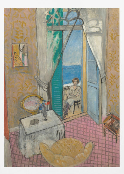 A vibrant Fauvist painting by Henri Matisse, 'Interior at Nice', depicting a room with pink tiled floors and yellow patterned wallpaper. An open french door reveals a woman sitting on a balcony overlooking a bright blue sea. Decor