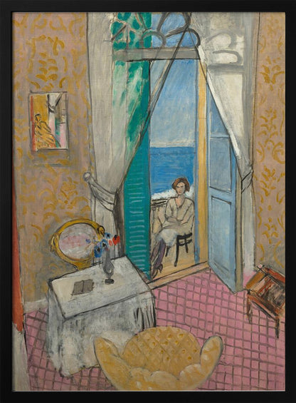 A vibrant Fauvist painting by Henri Matisse, 'Interior at Nice', depicting a room with pink tiled floors and yellow patterned wallpaper. An open french door reveals a woman sitting on a balcony overlooking a bright blue sea. Decor