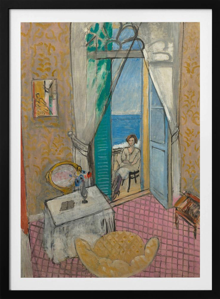A vibrant Fauvist painting by Henri Matisse, 'Interior at Nice', depicting a room with pink tiled floors and yellow patterned wallpaper. An open french door reveals a woman sitting on a balcony overlooking a bright blue sea. Decor