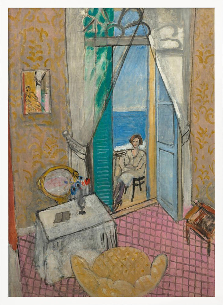 A vibrant Fauvist painting by Henri Matisse, 'Interior at Nice', depicting a room with pink tiled floors and yellow patterned wallpaper. An open french door reveals a woman sitting on a balcony overlooking a bright blue sea. Decor