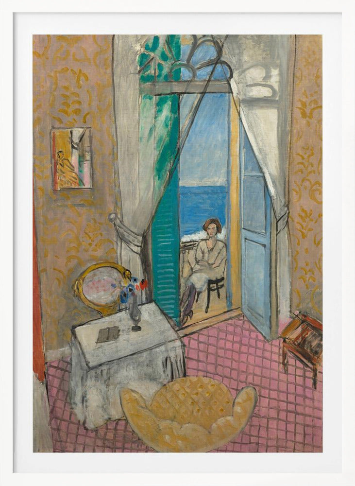 A vibrant Fauvist painting by Henri Matisse, 'Interior at Nice', depicting a room with pink tiled floors and yellow patterned wallpaper. An open french door reveals a woman sitting on a balcony overlooking a bright blue sea. Decor
