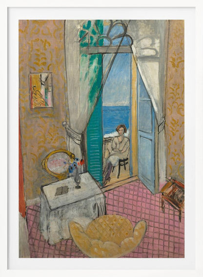 A vibrant Fauvist painting by Henri Matisse, 'Interior at Nice', depicting a room with pink tiled floors and yellow patterned wallpaper. An open french door reveals a woman sitting on a balcony overlooking a bright blue sea. Decor