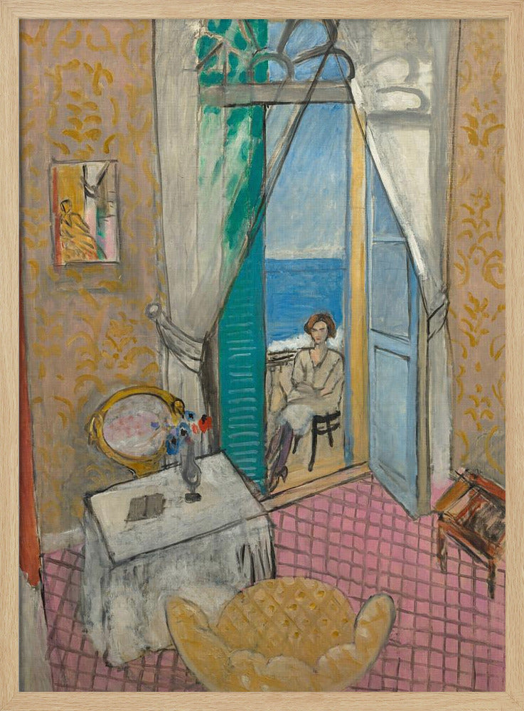 A vibrant Fauvist painting by Henri Matisse, 'Interior at Nice', depicting a room with pink tiled floors and yellow patterned wallpaper. An open french door reveals a woman sitting on a balcony overlooking a bright blue sea. Decor
