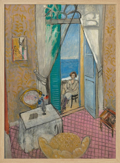 A vibrant Fauvist painting by Henri Matisse, 'Interior at Nice', depicting a room with pink tiled floors and yellow patterned wallpaper. An open french door reveals a woman sitting on a balcony overlooking a bright blue sea. Decor