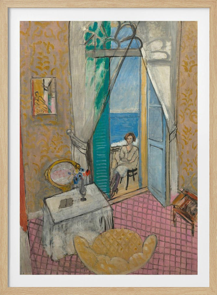 A vibrant Fauvist painting by Henri Matisse, 'Interior at Nice', depicting a room with pink tiled floors and yellow patterned wallpaper. An open french door reveals a woman sitting on a balcony overlooking a bright blue sea. Decor