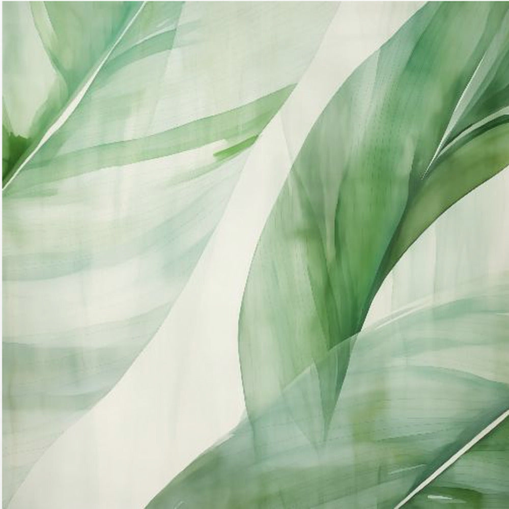 A light wood framed artwork depicting a close-up, abstract watercolor painting of large, overlapping tropical leaves. The shades of green are soft and translucent, creating a layered effect against a bright white background, evoking a sense of calm and nature. Print