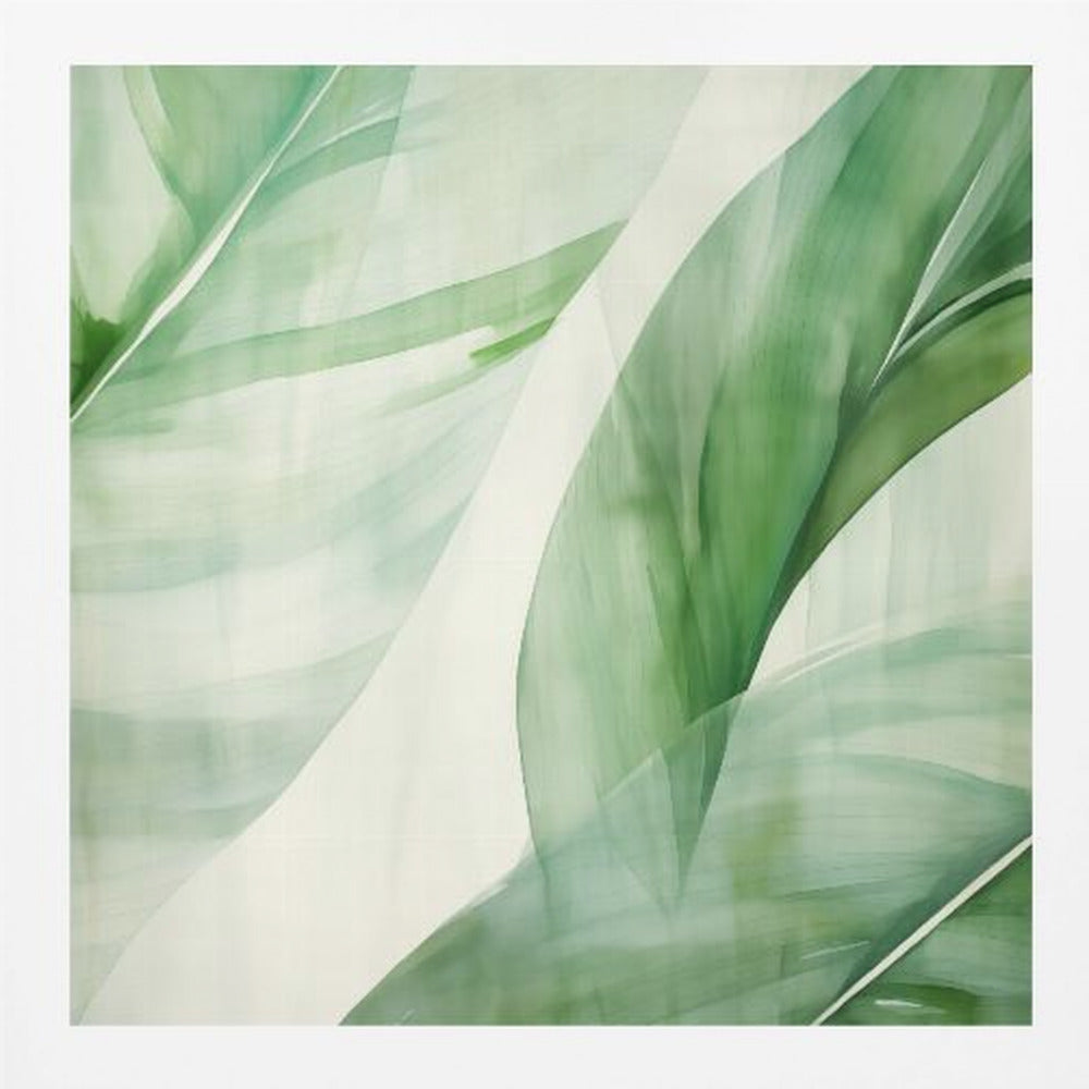 A light wood framed artwork depicting a close-up, abstract watercolor painting of large, overlapping tropical leaves. The shades of green are soft and translucent, creating a layered effect against a bright white background, evoking a sense of calm and nature. Print