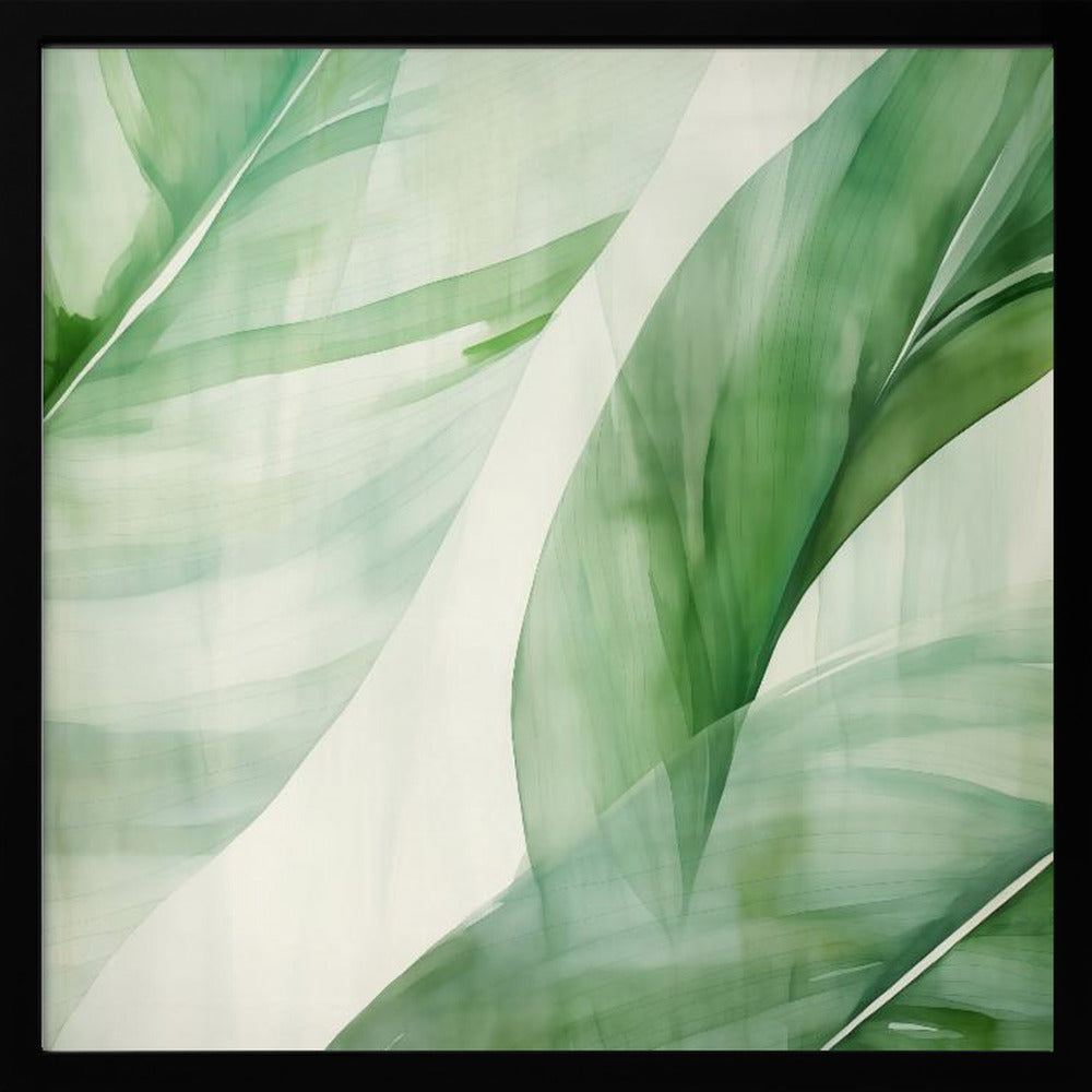 A light wood framed artwork depicting a close-up, abstract watercolor painting of large, overlapping tropical leaves. The shades of green are soft and translucent, creating a layered effect against a bright white background, evoking a sense of calm and nature. Print