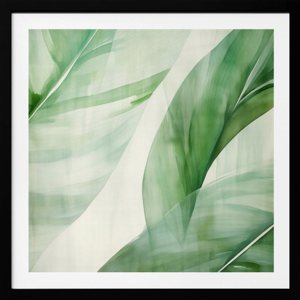A light wood framed artwork depicting a close-up, abstract watercolor painting of large, overlapping tropical leaves. The shades of green are soft and translucent, creating a layered effect against a bright white background, evoking a sense of calm and nature. Print