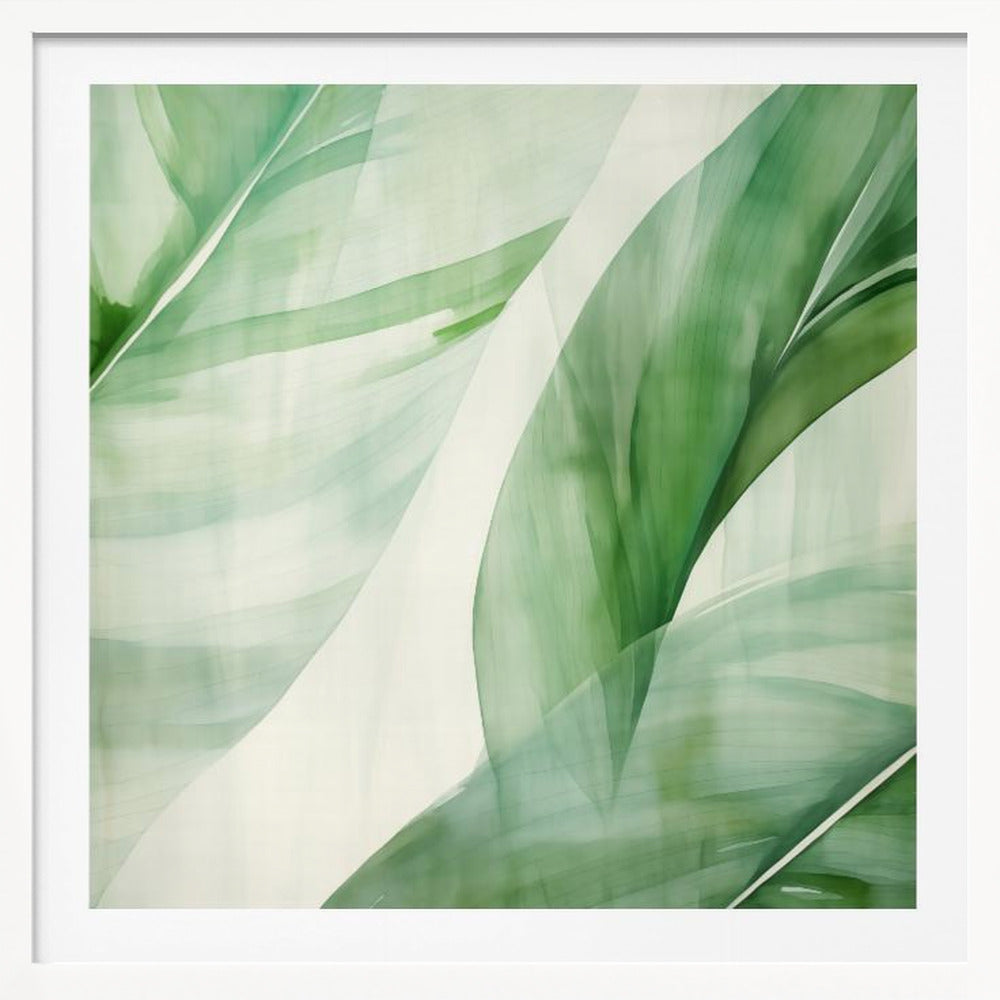 A light wood framed artwork depicting a close-up, abstract watercolor painting of large, overlapping tropical leaves. The shades of green are soft and translucent, creating a layered effect against a bright white background, evoking a sense of calm and nature. Print