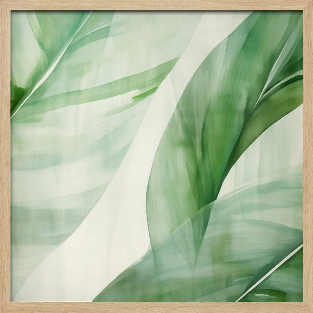 A light wood framed artwork depicting a close-up, abstract watercolor painting of large, overlapping tropical leaves. The shades of green are soft and translucent, creating a layered effect against a bright white background, evoking a sense of calm and nature. Print