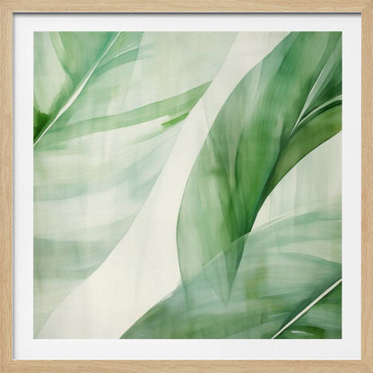 A light wood framed artwork depicting a close-up, abstract watercolor painting of large, overlapping tropical leaves. The shades of green are soft and translucent, creating a layered effect against a bright white background, evoking a sense of calm and nature. Print