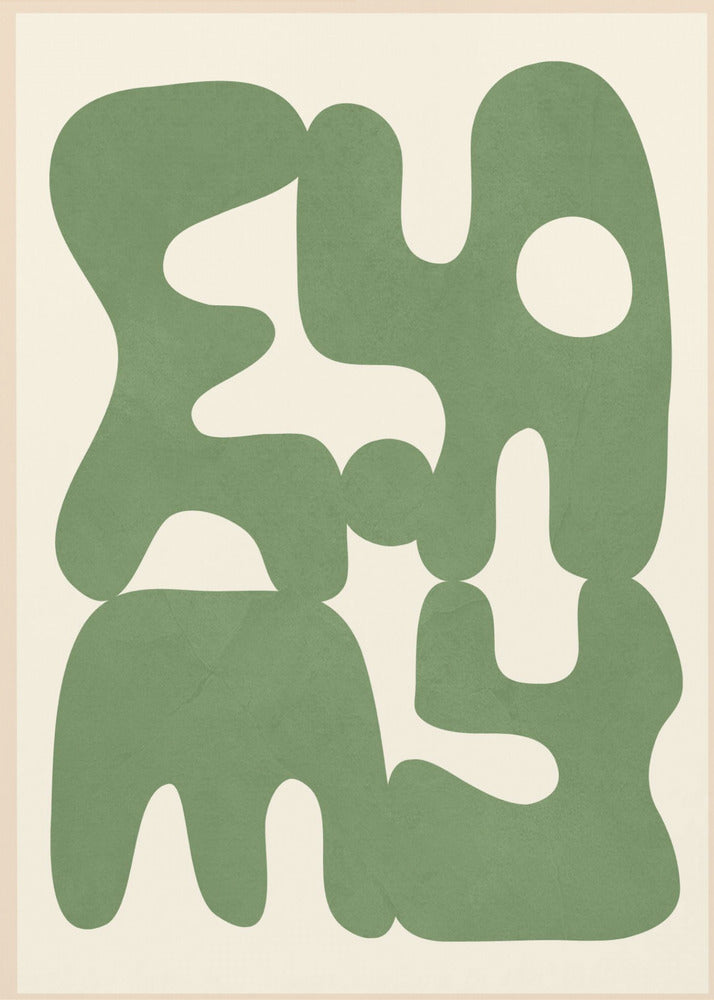 A framed abstract art print featuring large, organic, sage green shapes with soft, rounded edges against a solid cream background. The shapes interlock and create intriguing negative spaces, giving the composition a modern and balanced feel. Poster