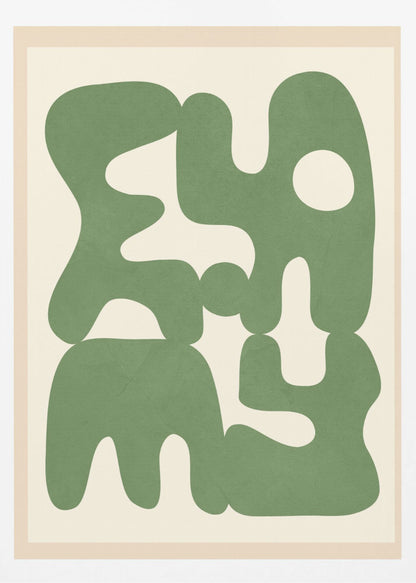 A framed abstract art print featuring large, organic, sage green shapes with soft, rounded edges against a solid cream background. The shapes interlock and create intriguing negative spaces, giving the composition a modern and balanced feel. Poster