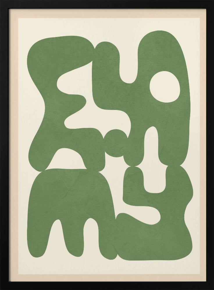 A framed abstract art print featuring large, organic, sage green shapes with soft, rounded edges against a solid cream background. The shapes interlock and create intriguing negative spaces, giving the composition a modern and balanced feel. Poster