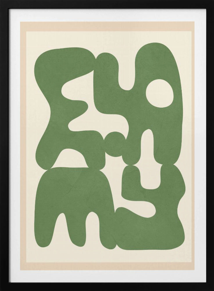 A framed abstract art print featuring large, organic, sage green shapes with soft, rounded edges against a solid cream background. The shapes interlock and create intriguing negative spaces, giving the composition a modern and balanced feel. Poster