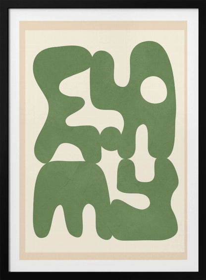 A framed abstract art print featuring large, organic, sage green shapes with soft, rounded edges against a solid cream background. The shapes interlock and create intriguing negative spaces, giving the composition a modern and balanced feel. Poster