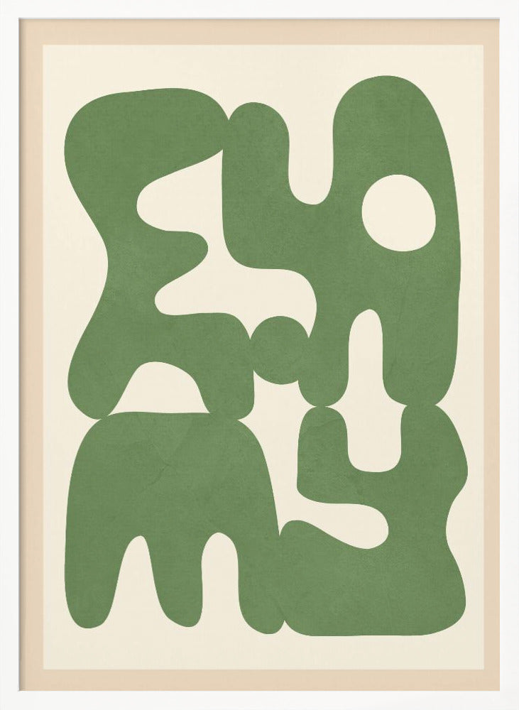 A framed abstract art print featuring large, organic, sage green shapes with soft, rounded edges against a solid cream background. The shapes interlock and create intriguing negative spaces, giving the composition a modern and balanced feel. Poster