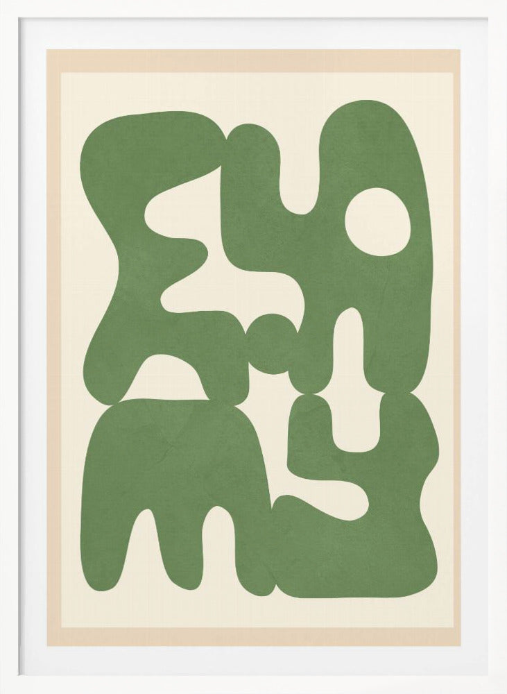 A framed abstract art print featuring large, organic, sage green shapes with soft, rounded edges against a solid cream background. The shapes interlock and create intriguing negative spaces, giving the composition a modern and balanced feel. Poster