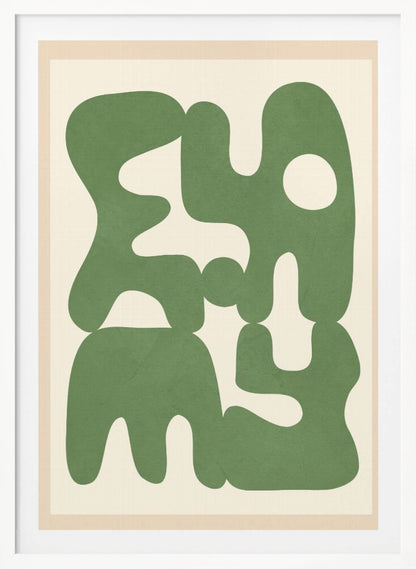 A framed abstract art print featuring large, organic, sage green shapes with soft, rounded edges against a solid cream background. The shapes interlock and create intriguing negative spaces, giving the composition a modern and balanced feel. Poster