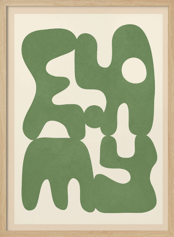 A framed abstract art print featuring large, organic, sage green shapes with soft, rounded edges against a solid cream background. The shapes interlock and create intriguing negative spaces, giving the composition a modern and balanced feel. Poster