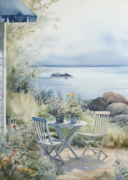 A watercolor painting of a tranquil coastal scene. A light blue bistro table and two matching chairs sit in a lush garden filled with flowers, overlooking a calm body of water. In the distance, a small island is visible under a soft, hazy sky. Part of a house with a blue awning can be seen on the left. Print