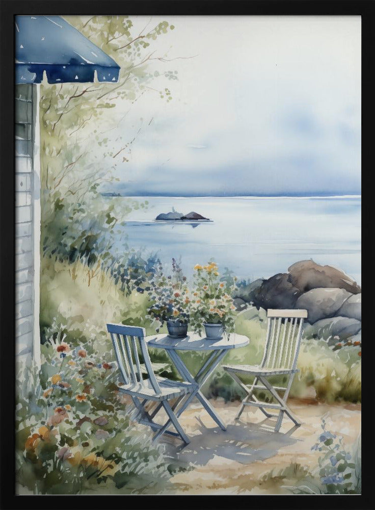 A watercolor painting of a tranquil coastal scene. A light blue bistro table and two matching chairs sit in a lush garden filled with flowers, overlooking a calm body of water. In the distance, a small island is visible under a soft, hazy sky. Part of a house with a blue awning can be seen on the left. Print