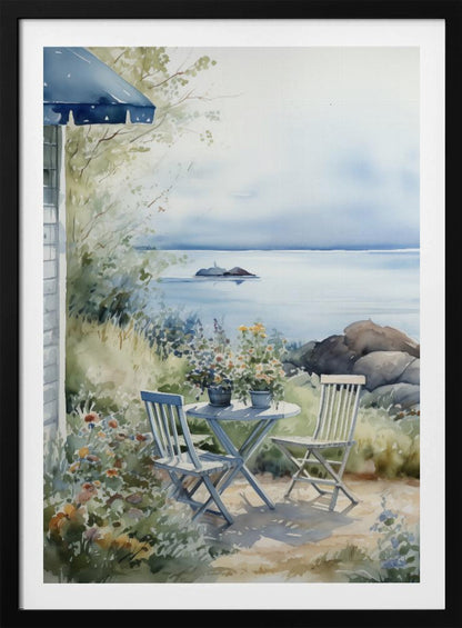 A watercolor painting of a tranquil coastal scene. A light blue bistro table and two matching chairs sit in a lush garden filled with flowers, overlooking a calm body of water. In the distance, a small island is visible under a soft, hazy sky. Part of a house with a blue awning can be seen on the left. Print