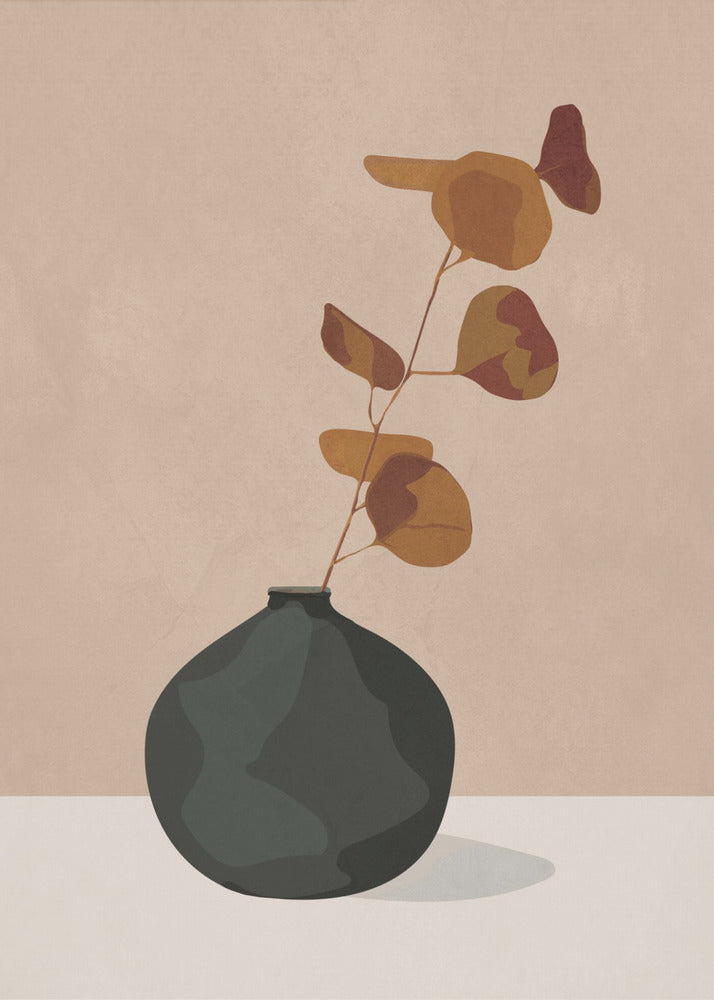 A minimalist illustration of a single eucalyptus stem with rust and orange colored leaves in a dark, matte, rounded vase. The vase sits on a light-colored surface against a solid beige background, creating a simple and modern composition with earthy tones. Wall Art