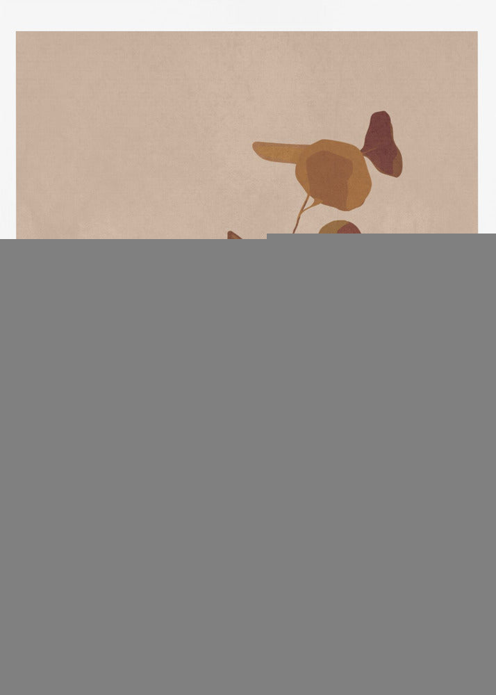 A minimalist illustration of a single eucalyptus stem with rust and orange colored leaves in a dark, matte, rounded vase. The vase sits on a light-colored surface against a solid beige background, creating a simple and modern composition with earthy tones. Wall Art