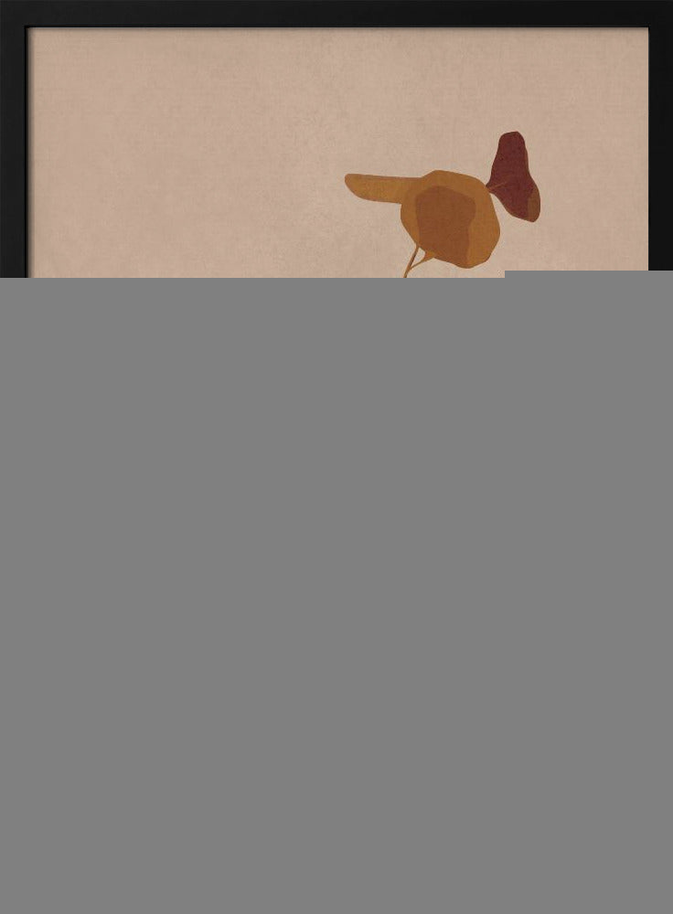 A minimalist illustration of a single eucalyptus stem with rust and orange colored leaves in a dark, matte, rounded vase. The vase sits on a light-colored surface against a solid beige background, creating a simple and modern composition with earthy tones. Wall Art