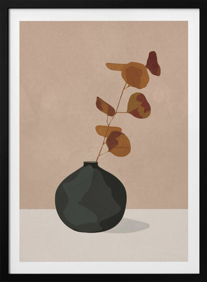 A minimalist illustration of a single eucalyptus stem with rust and orange colored leaves in a dark, matte, rounded vase. The vase sits on a light-colored surface against a solid beige background, creating a simple and modern composition with earthy tones. Wall Art