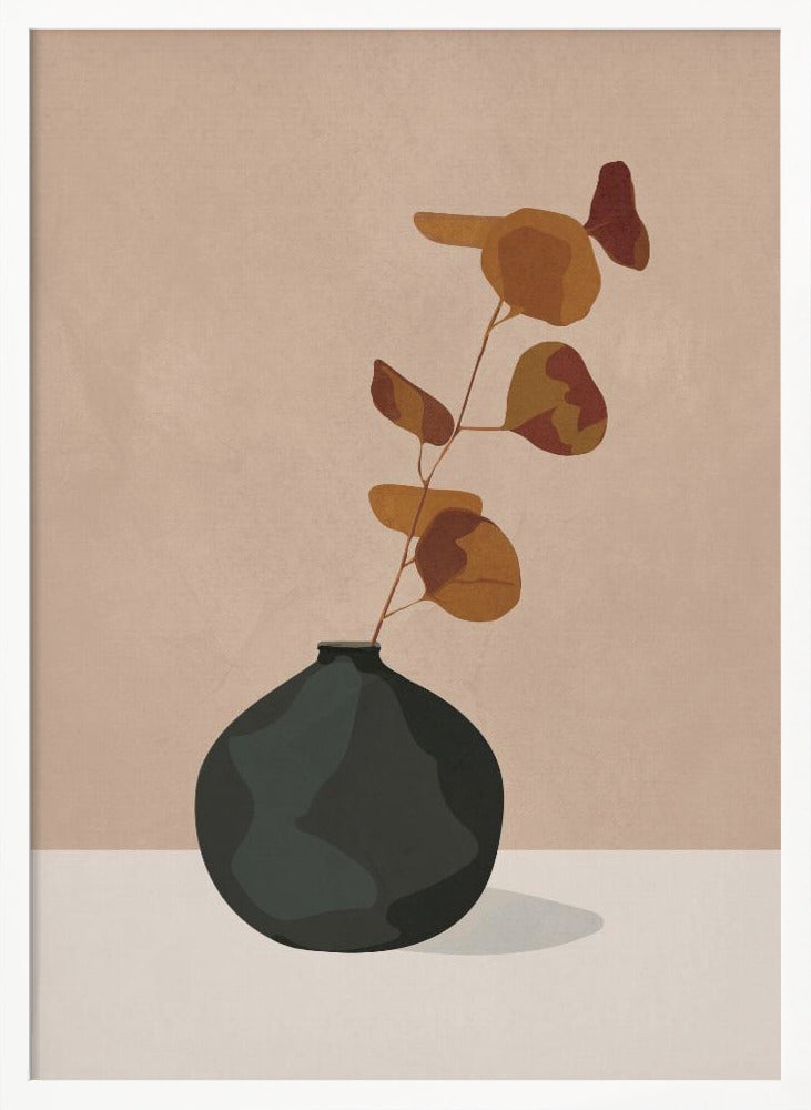 A minimalist illustration of a single eucalyptus stem with rust and orange colored leaves in a dark, matte, rounded vase. The vase sits on a light-colored surface against a solid beige background, creating a simple and modern composition with earthy tones. Wall Art