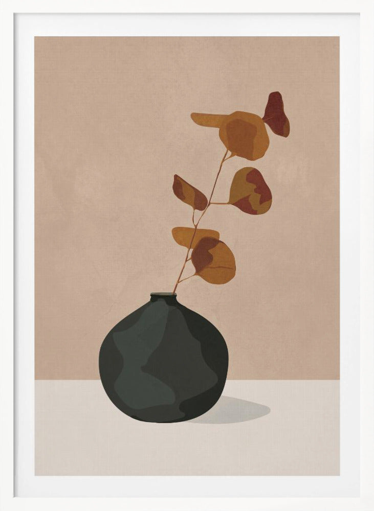 A minimalist illustration of a single eucalyptus stem with rust and orange colored leaves in a dark, matte, rounded vase. The vase sits on a light-colored surface against a solid beige background, creating a simple and modern composition with earthy tones. Wall Art