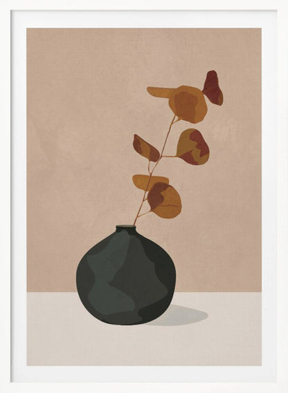 A minimalist illustration of a single eucalyptus stem with rust and orange colored leaves in a dark, matte, rounded vase. The vase sits on a light-colored surface against a solid beige background, creating a simple and modern composition with earthy tones. Wall Art