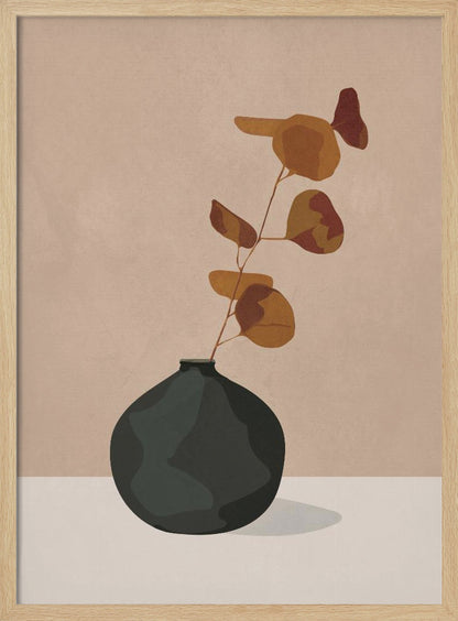 A minimalist illustration of a single eucalyptus stem with rust and orange colored leaves in a dark, matte, rounded vase. The vase sits on a light-colored surface against a solid beige background, creating a simple and modern composition with earthy tones. Wall Art