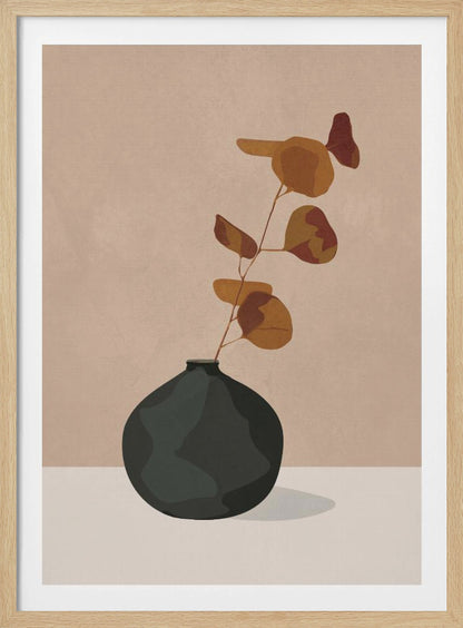 A minimalist illustration of a single eucalyptus stem with rust and orange colored leaves in a dark, matte, rounded vase. The vase sits on a light-colored surface against a solid beige background, creating a simple and modern composition with earthy tones. Wall Art