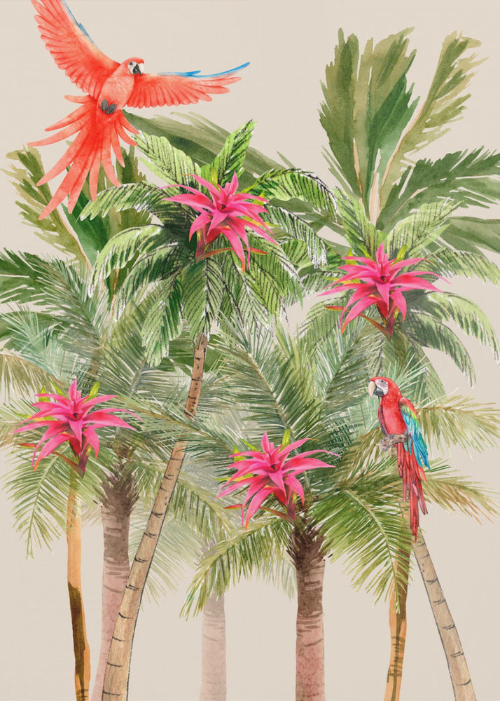 A watercolor painting of a tropical scene featuring several palm trees with bright pink bromeliad flowers. A vibrant red macaw is in flight at the top left, and another red and blue macaw is perched on a palm frond on the right, all set against a light beige background. Wall Art