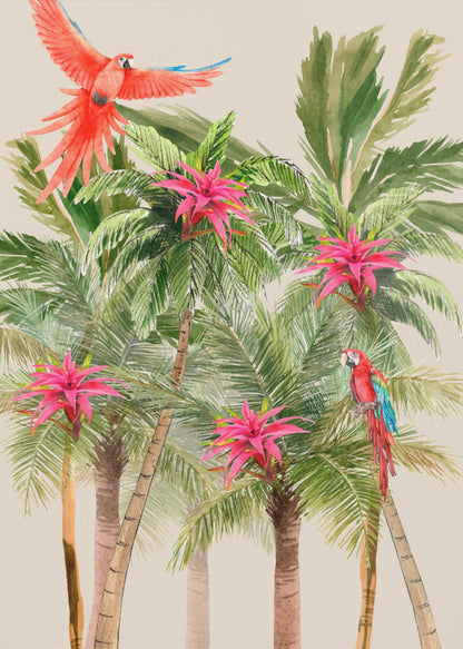 A watercolor painting of a tropical scene featuring several palm trees with bright pink bromeliad flowers. A vibrant red macaw is in flight at the top left, and another red and blue macaw is perched on a palm frond on the right, all set against a light beige background. Wall Art